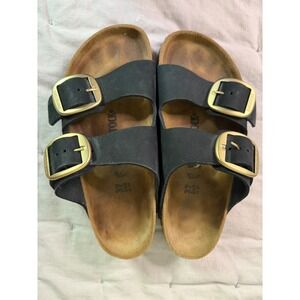 Birkenstock Womans 37 Arizona Big Buckle Gold Black Nubuck Leather Sandals